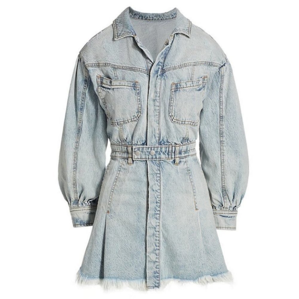 Free People Denim Dress Fringe Size Large Chain of Command Blue Jean Button Down - Picture 13 of 16